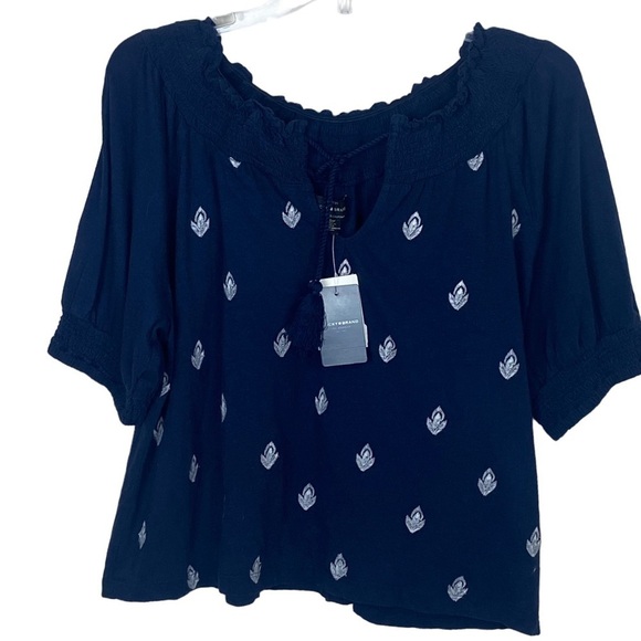 NEW Lucky Brand boho peasant top navy blue white size small short sleeve - Picture 1 of 6